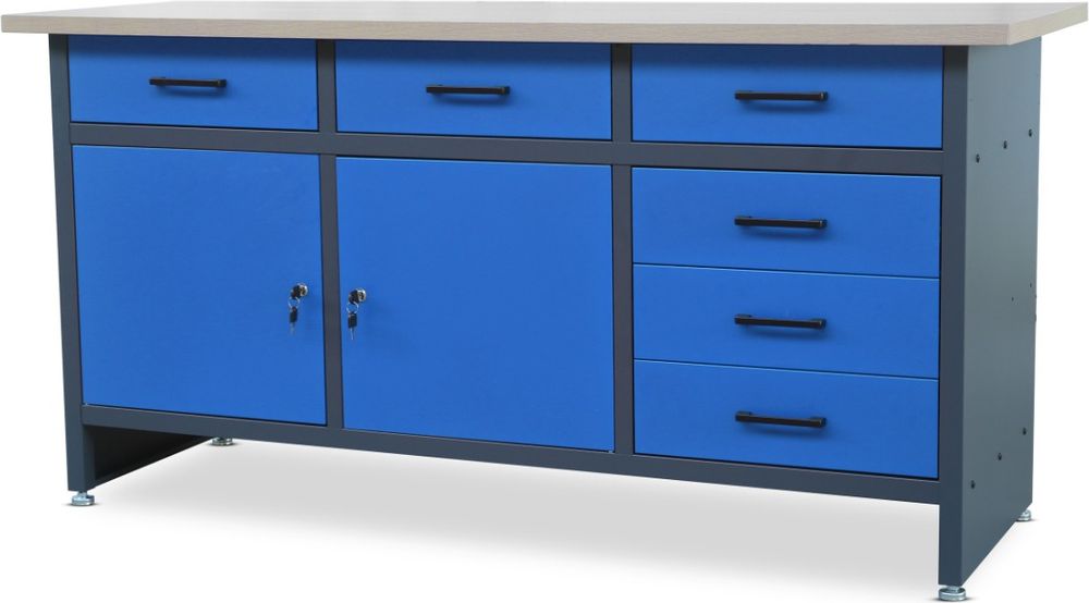Werkbank mit Arbeitsplatte Werktisch mit 6 Schubladen 2 Schließfächer Verstellbare Füße MDF-Arbeitsplatte Belastbar bis 500 kg Metall 170 cm x 60 cm x 85 cm Farbe: Anthrazit-Blau