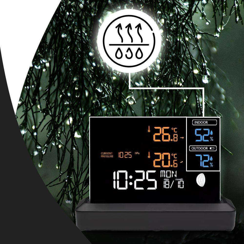 Funk-Wetterstation mit Wecker und Farbdisplay, Außensensor Schimmelwarner Hygrometer Barometer Datumsanzeige Mondphase Frostalarm Schwarz Retoo