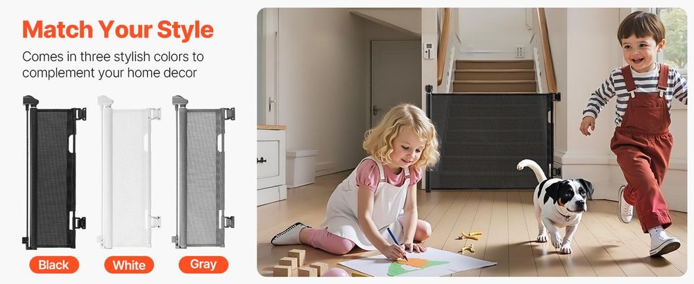 VEVOR Ausziehbares Babygitter, 870 mm hoch, bis zu 1800 mm breit ausziehbar, ausziehbares Gitter für Kinder oder Haustiere, Netzmaterial, einfach zu installieren für Innen Treppen, Türöffnungen, Flure, Spielzimmer, Schwarz, Schwarz-g, 1500x870 mm-a