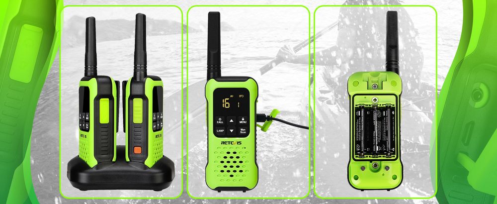 Retevis RT649P Walkie Talkie Wiederaufladbar, Wasserdichter IP67-Schwimmer, PMR 446, 16 Kanäle Lizenzfrei, LED-Taschenlampe, CTCSS/DCS VOX, Walkie Talkie-Headset für Rettung(2 Paar, Grün)