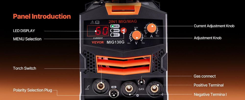 VEVOR MIG-Schweißgerät, 130Amp synergisches MIG-Schweißgerät, gasloser Fülldraht-Schweißmaschine, tragbares MIG-Schweißgerät mit IGBT-Invertertechnologie und digitalem Display, 2-in-1, 130 A-a