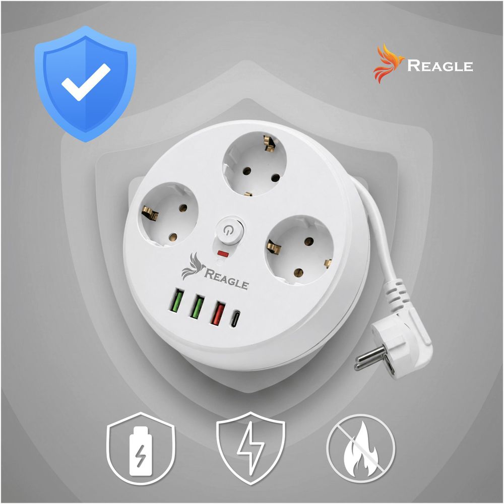 Reagle Runde Steckdosenleiste aufrollbar 2m, Mehrfachsteckdose mit 3x Steckdosen & 4x USB (3x USB-A, 1x USB-C), Verlängerungskabel 2500W