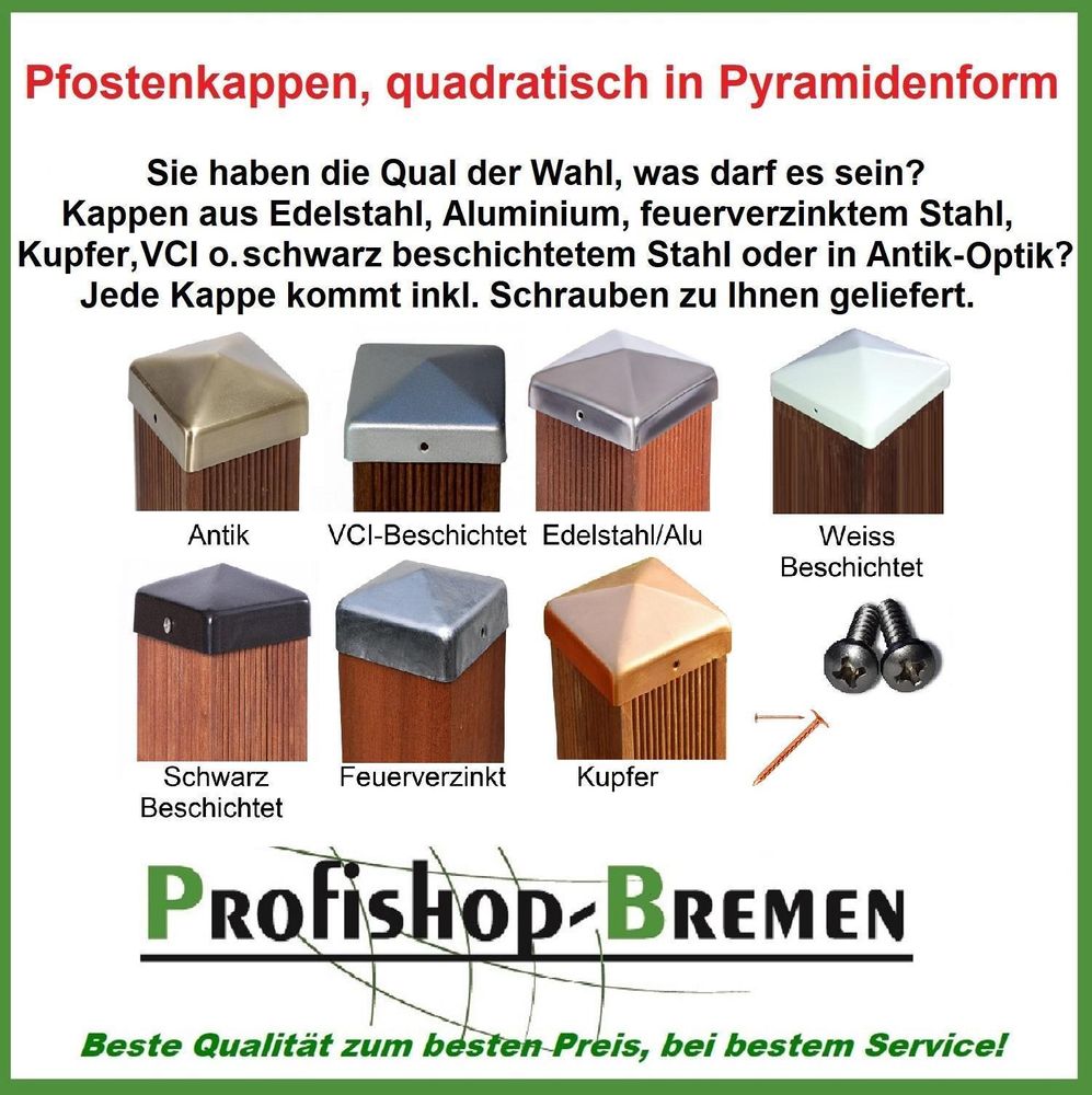 Pfostenkappe Edelstahl Pyramide für Pfosten 7x7cm, inkl. VA-Schrauben, Zaunkappe Zierkappe Kappe rostfrei 71x71 mm
