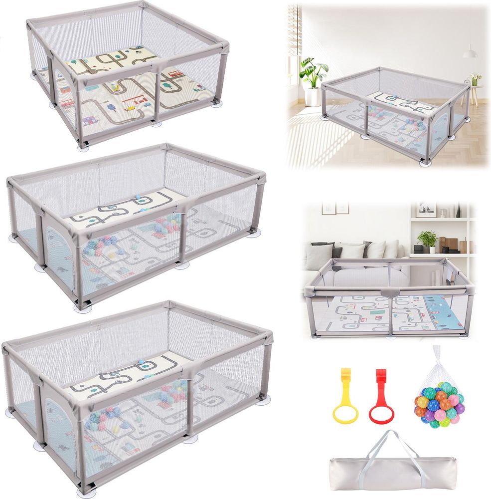 Laufstall Baby mit Matratze, Laufgitter Baby 200x180cm XXL, Playpen aus 600D Oxford Gewebe, mit Atmungsaktivem Netz, 50 Bälle Bunt, Tragetasche, Grau