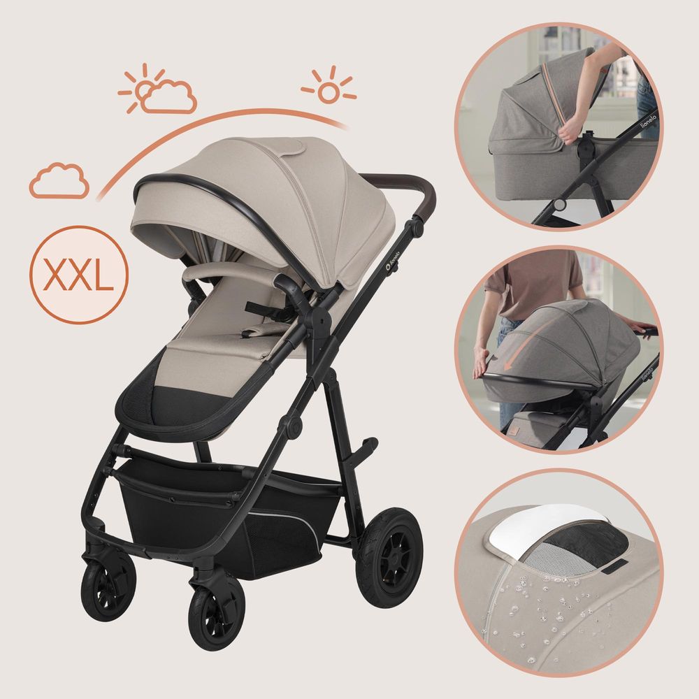 Lionelo Bianka 3in1 Kinderwagen, Autotransporter, Autositz, klappbar, Travel System Rückenlehne verstellbar 360o Räder Polsterung, Verdeck XXL-Beige