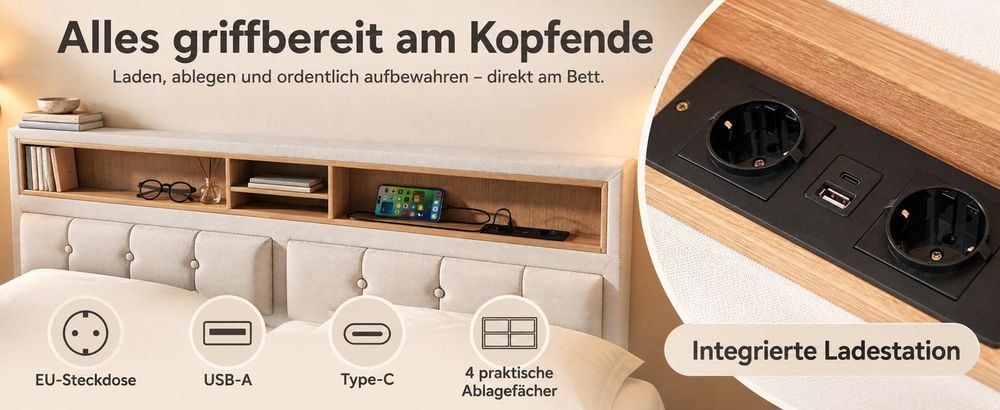 okwish Polsterbett 160×200 mit verstellbarem Kopfteil und Stauraum,Doppelbett mit USB-und Typ-C-Anschlüssen,Beige,ohne Matratze