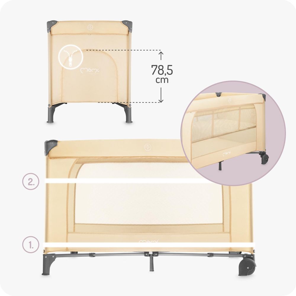 MoMi BELOVE PLUS – Babyreisebett mit Matratze, Spielbogen & Wickeltisch, 2 Ebenen, Zubehör inkl. – Beige