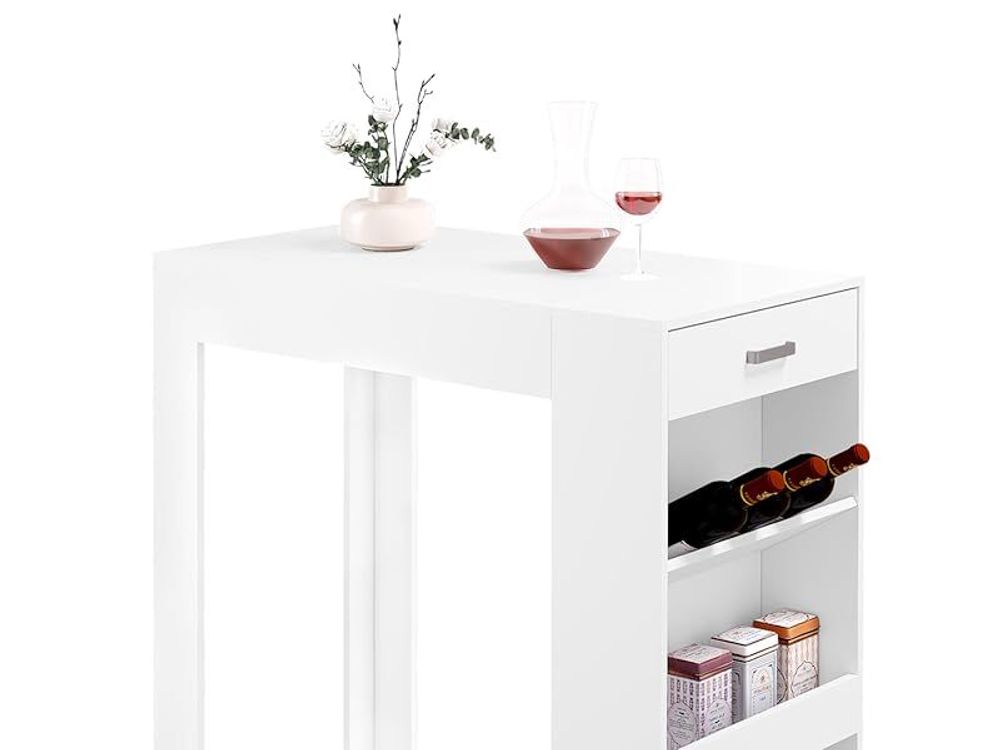 WOLTU Stehtisch Bartisch, mit 1 Schublade 3 Ablagen, mit Weinregal, Küchentisch : Weiß + Helleiche Farbe: Weiß + Helleiche