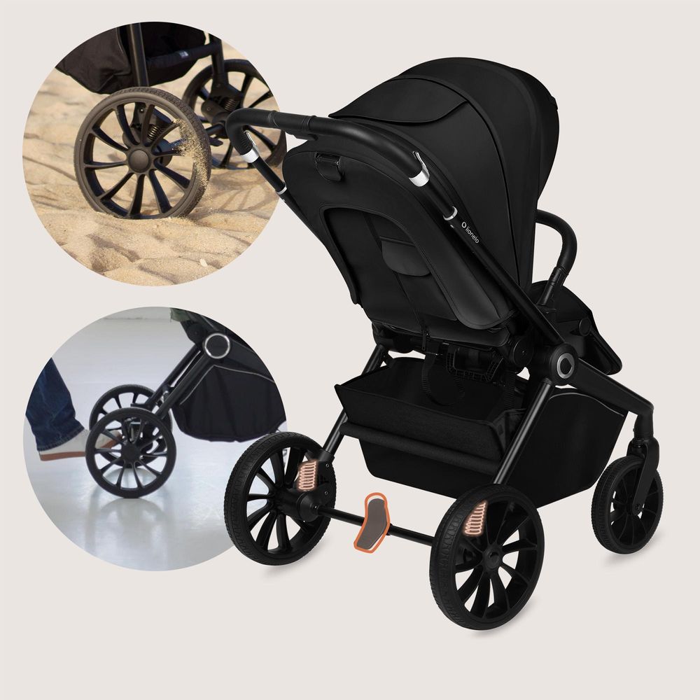 Lionelo Mika Plus Universal-Buggy bis zu 22kg Hohe Manövrierfähigkeit XXL-Verdeck mit UPF50+ Black Onyx