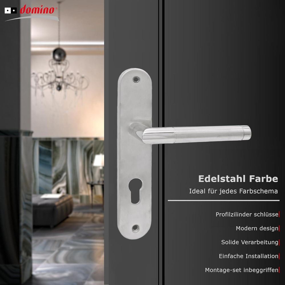 DOMINO Türgriff 72 Drückergarnitur PZ - Profilzylinder Set | Türklinke für Zimmertür, Bürotür, Kellertür & Innentür | L-Form | Türbeschläge aus Edelstahl | Silber Türdrückergarnitur| SPECTRA INX