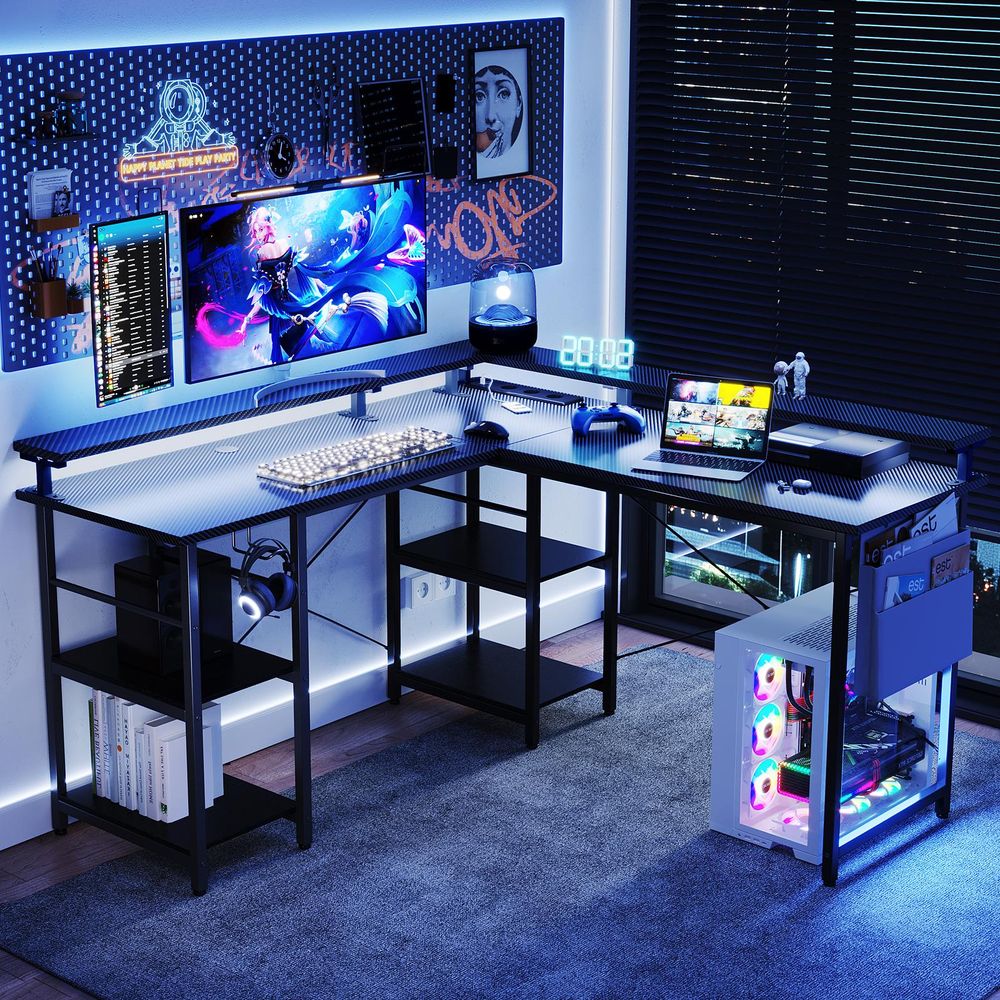 ZELURXX Gaming-Tisch L-förmiger mit RGB LED Beleuchtung, mit Tasche, Dual-Monitor-Ständer, Headset-Halterung & Steckdosen, Schwarz Muster
