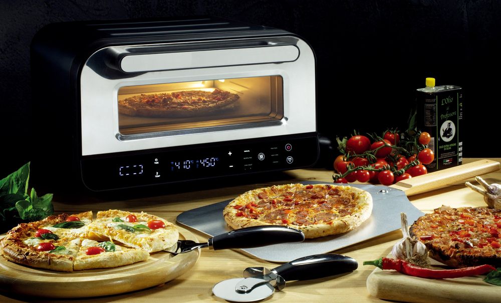 BOLKANI Elektrischer Pizzaofen mit Pizzastein & Pizzaschieber – 450°C für knusprige Steinofen-Pizza in 2 Minuten – 1700W, Timer Innenbeleuchtung.