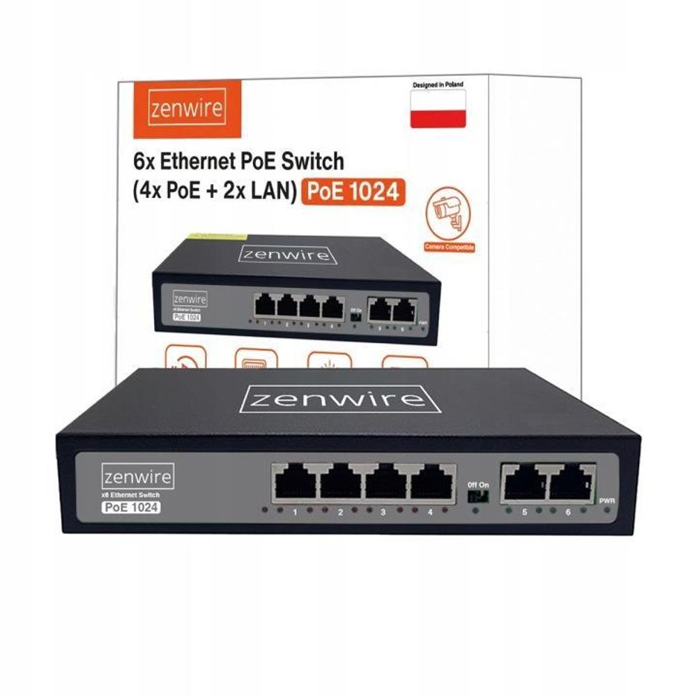 Switch, napájací adaptér, ZENWIRE, rozbočovač, 6-portový POE LAN switch so 4 portmi Ethernet RJ45