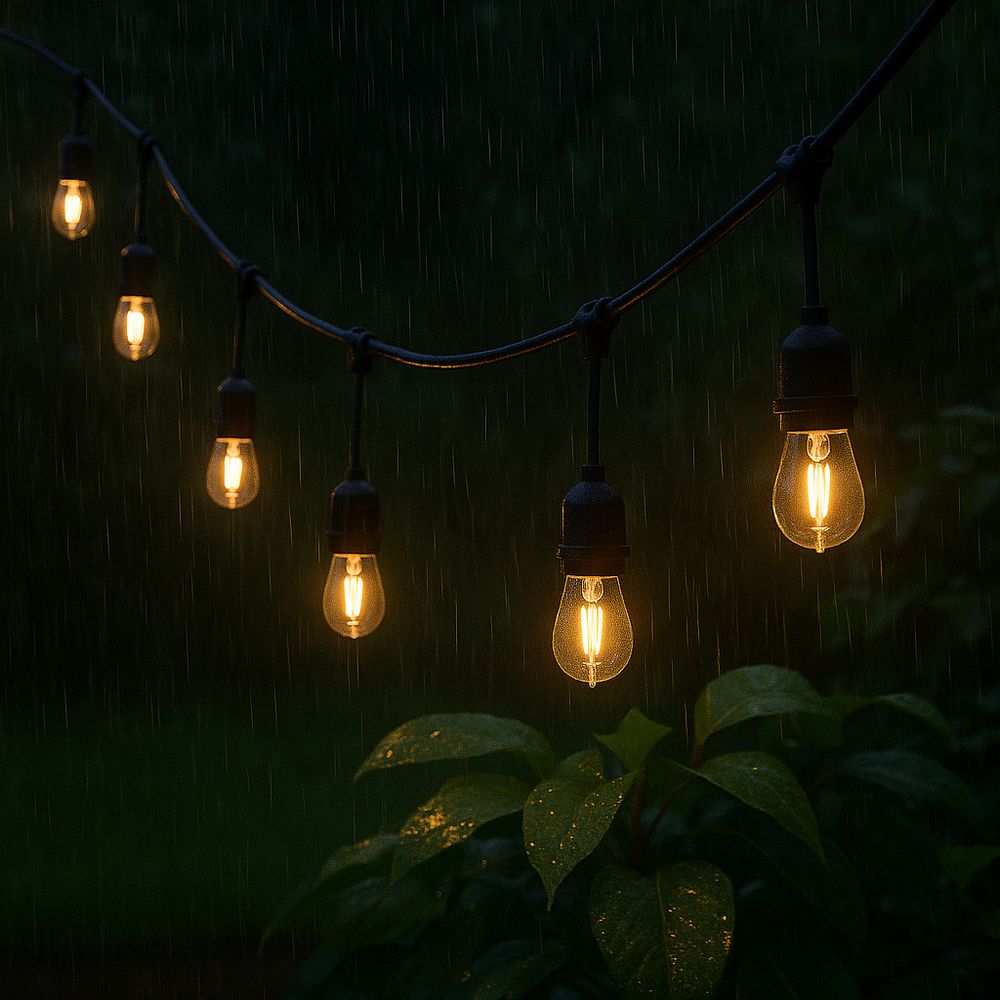 Außenbeleuchtung, wetterfest, sechs leuchtende Glühbirnen vor Regen und Grün.