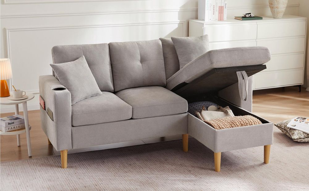 Merax Ecksofa, L-Form Sofa mit Bettkasten, Getränkehalter, 2 Kissen geliefert, Wohnzimmersofa, Couch, Couchgarnitur, Leinen, Hellgrau