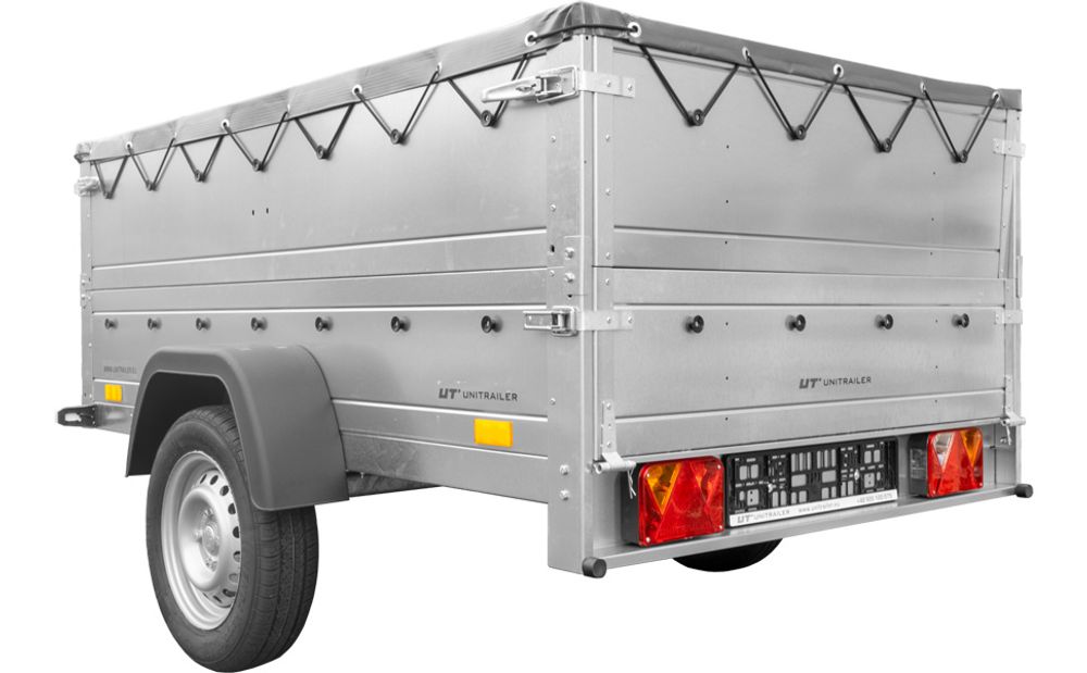 Pkw Anhänger kippbar 750 kg GARDEN TRAILER 201 KIPP mit zusätzlichen Bordwänden, Stützrad und grauer Flachplane