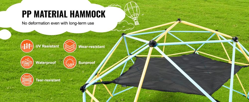 VEVOR Kletterdome, 3m geometrischer Kletterdome Spielzentrum für Kinder von 3 bis 10 Jahren, Spielplatz unterstützt 340 kg und einfache Montage, mit Klettergriffen, Outdoor-Spielgeräte für den Garten für Kinder, 10 FT-b, Hängematte