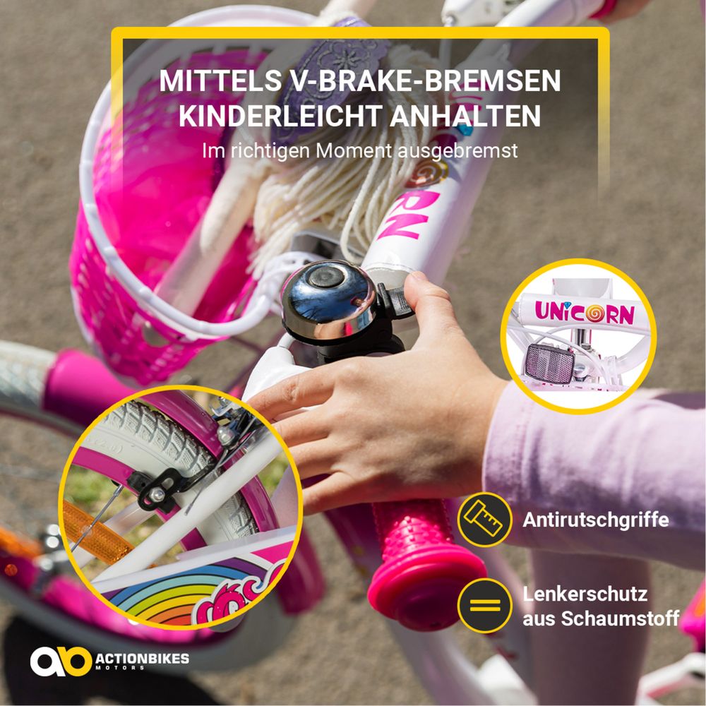 Actionbikes Kinderfahrrad Unicorn 16 Zoll | Kinder Fahrrad - V-Brake Bremsen - Kettenschutz - Fahrradständer - Antirutschgriffe - 6-9 Jahre (Pink)