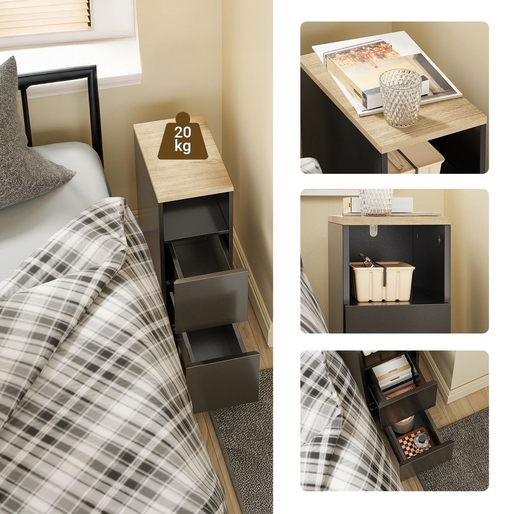 SoBuy Nachttisch schmal 20cm, Nachtschrank & Beistelltisch mit 2 Schubladen, Platzsparendes Möbelstück für Schlafzimmer & Nischen FBT149-SCH
