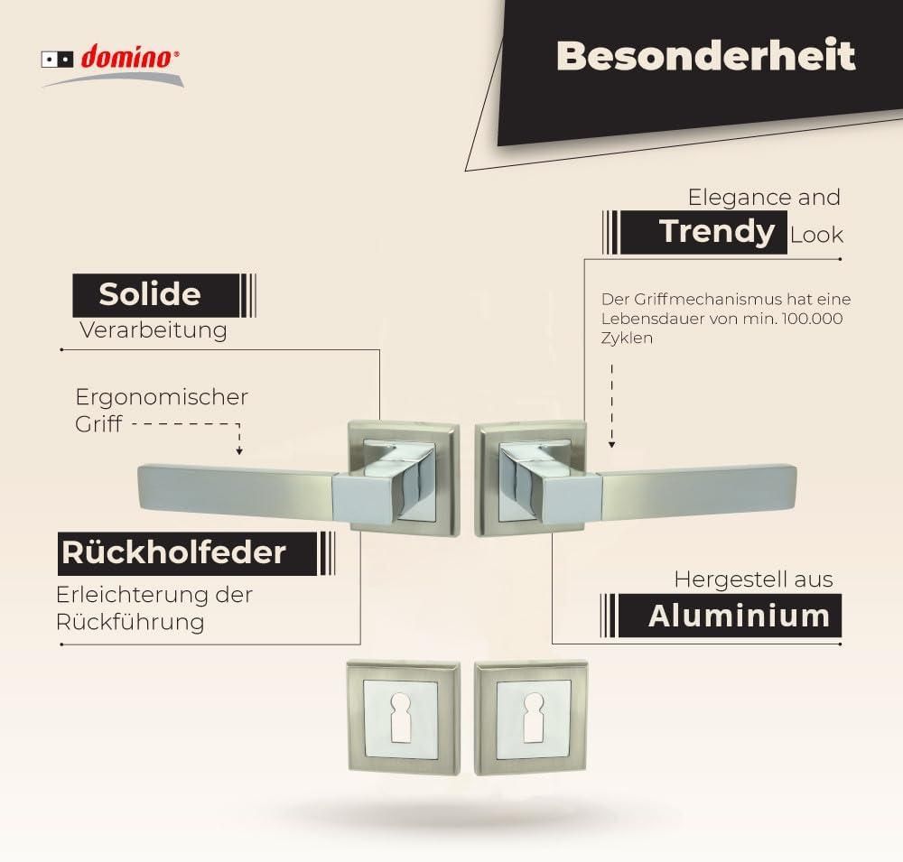 DOMINO Türgriff Drückergarnitur BB-Buntbart Set | mit quadratischen BB Rosetten | Türklinke für Zimmertür, Bürotür, Kellertür & Innentür | Türbeschläge aus Aluminium | Chrom/Nickel Türdrückergarnitur| REAL-QR M6/M9