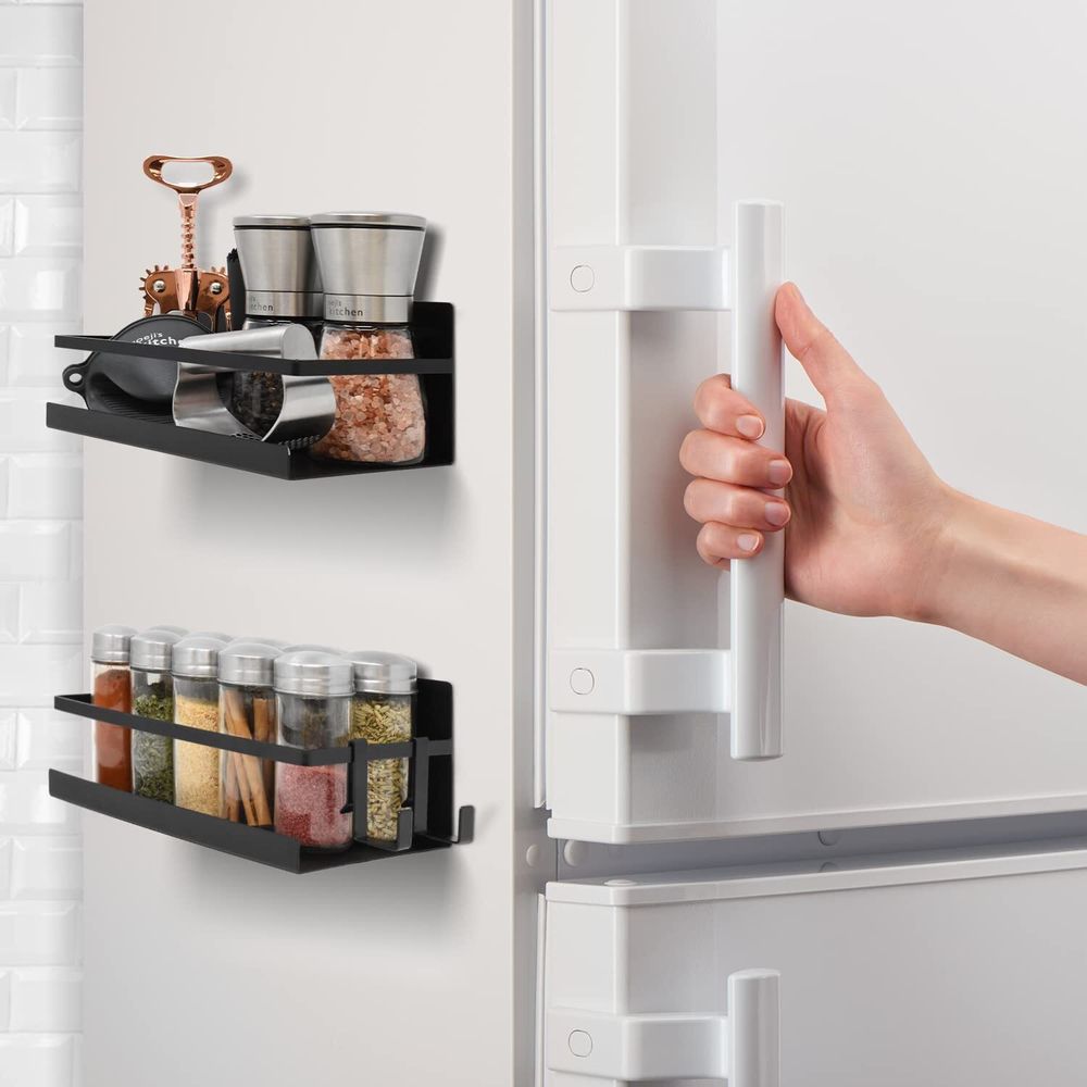 joeji's Kitchen 2er Gewürzregal Magnetisch - Kühlschrank Backofen Magnet Regal - Ablage Küche - Ohne Bohren - Selbstklebend Starke Haftung 2,5kg - Matte Schwarz