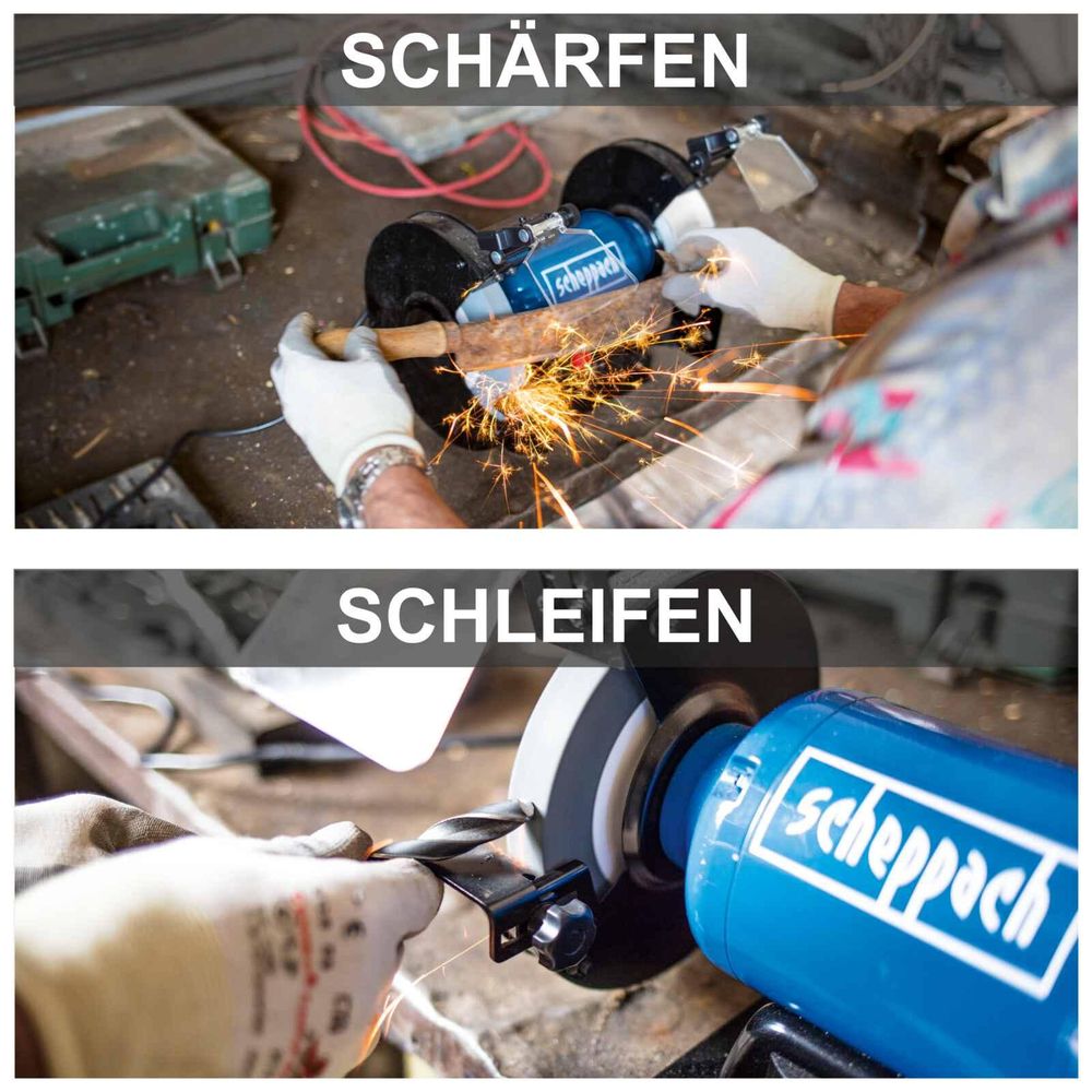 Das Bild zeigt eine Person beim Arbeiten mit dem Doppelschleifer.