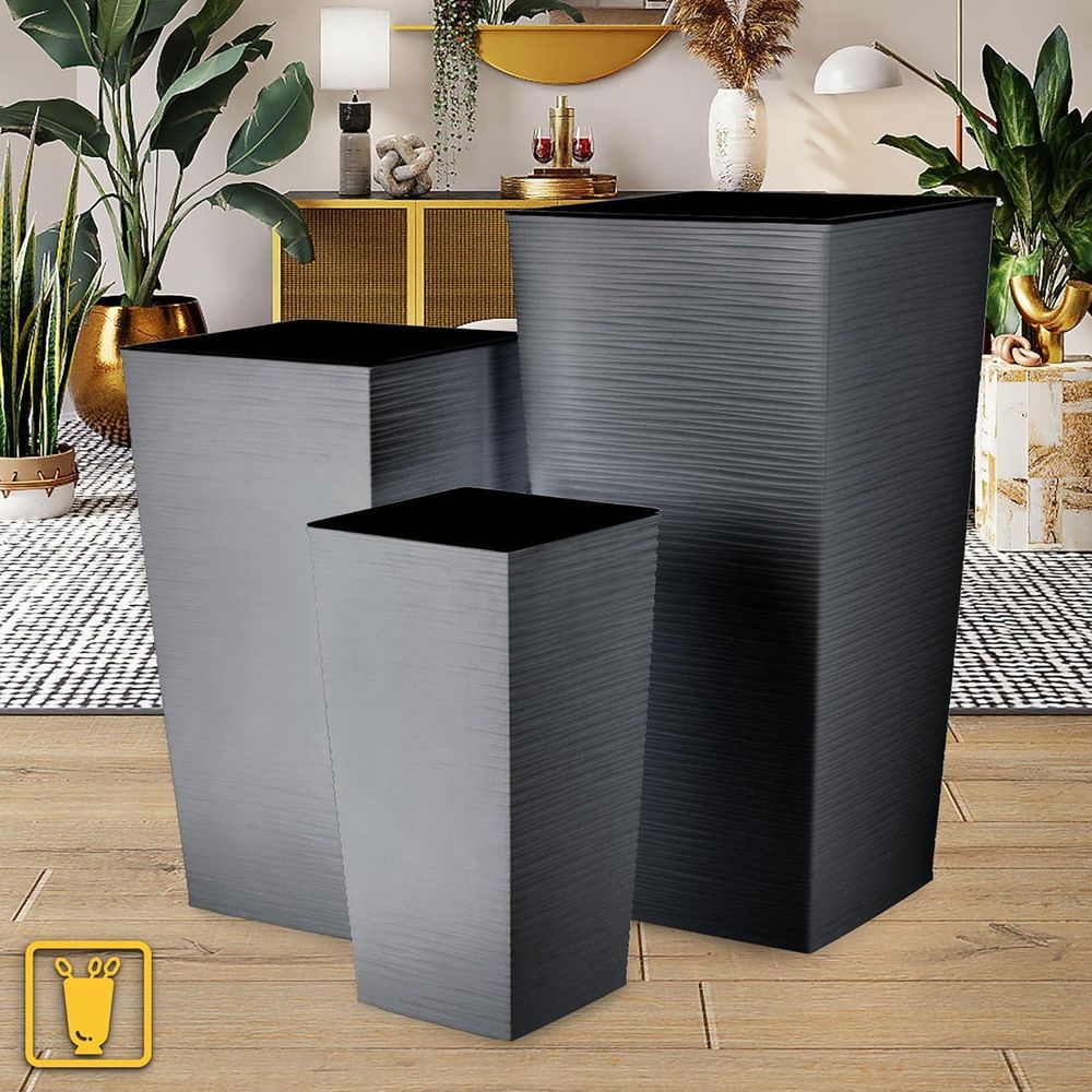 KADAX Blumentopf Set, Blumenkübel aus Kunststoff "Tuluza", Innen- und Außenbereich, Grafit, 3er Set