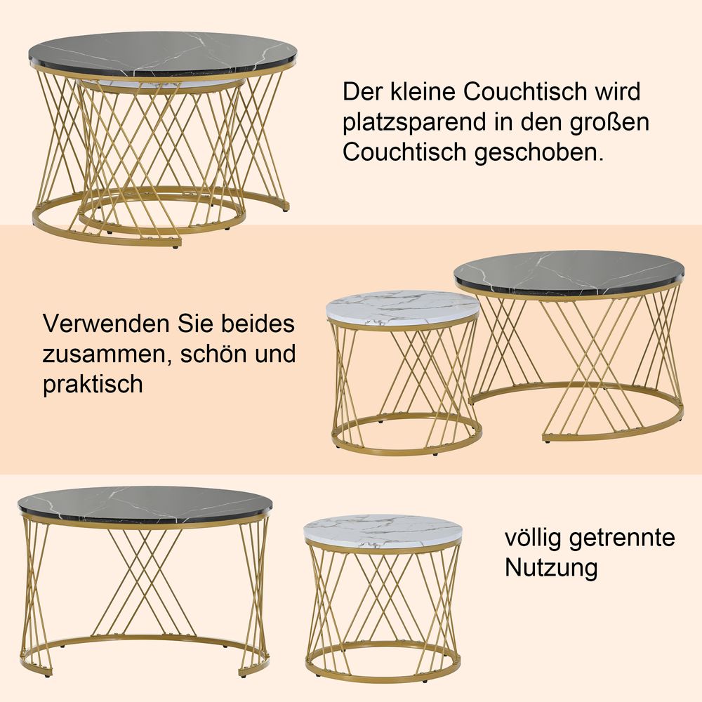 MODFU Couchtische Schwarz,Wohnzimmertisch rund 2er Set,Sofatisch mit Metallrahmen,Beistelltisch mit Verstellbare Füße