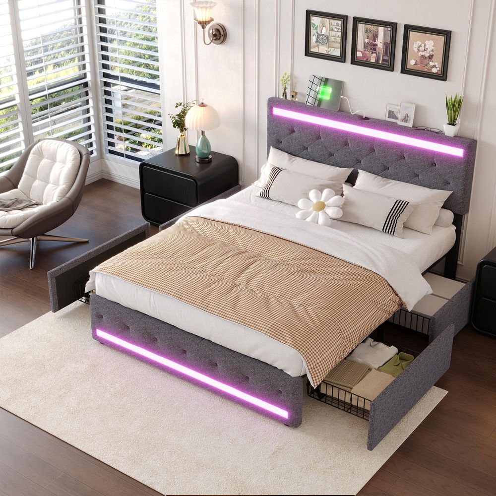 INONEFT Polsterbett 140x200 cm, Modern Boxspringbett mit LED und USB, Jugendbett mit 4 mit Stauraum Schubladen, Ohne Matratze, Leinen Dunkelgrau
