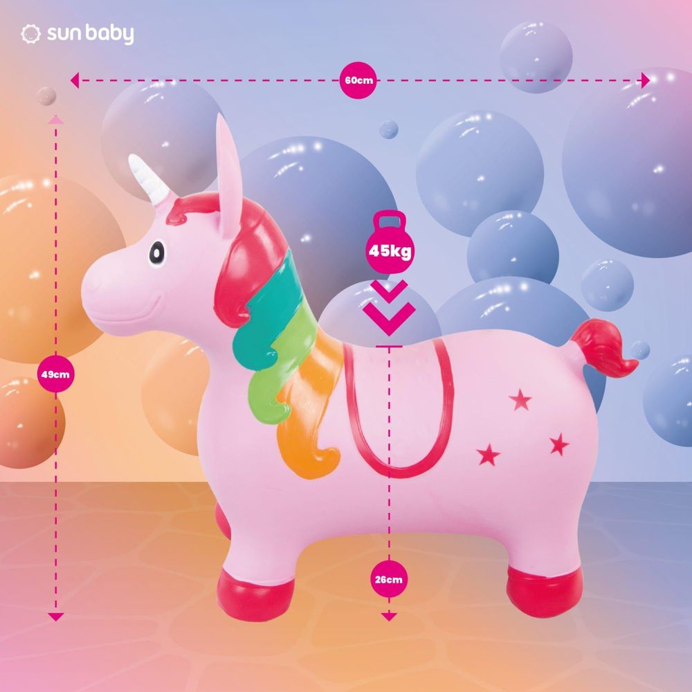 Dimensiones del unicornio saltarín y capacidad de carga máxima de 45 kg.