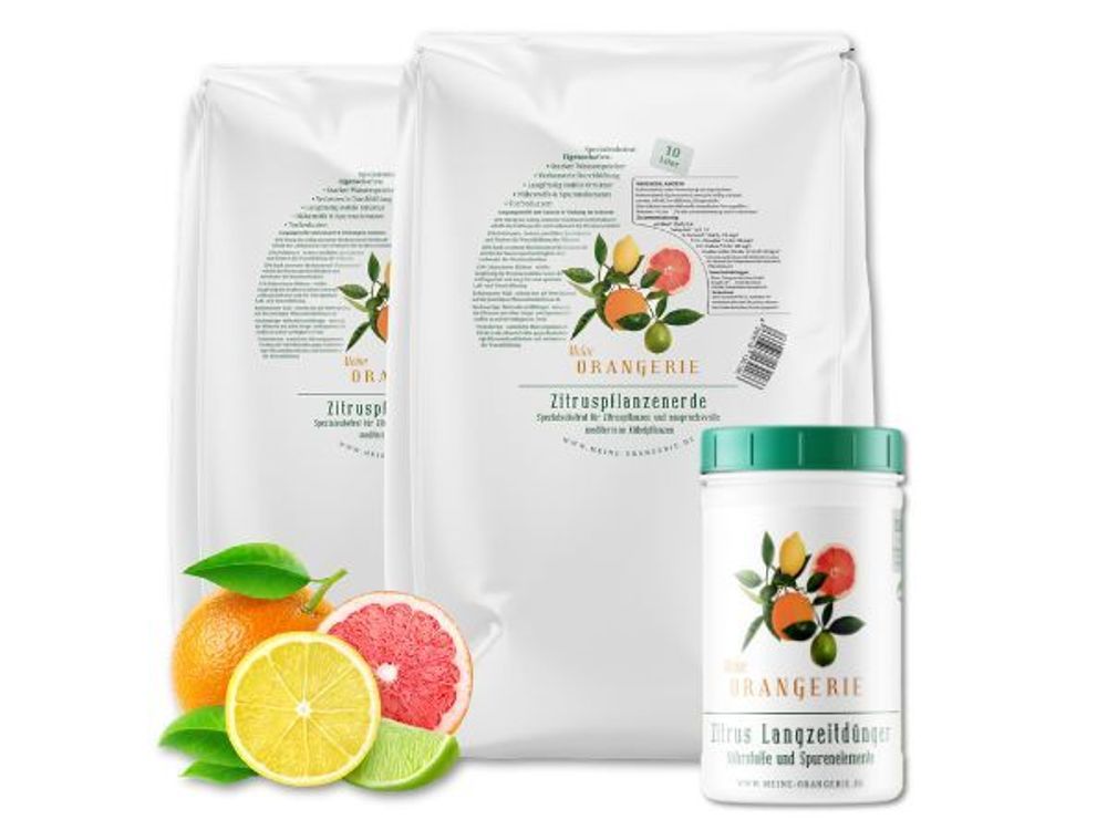 Meine Orangerie Zitrus-Umtopf-Paket - Beste Zitruserde [20l] + Zitrus-Langzeitdünger [1kg] - für kinderleichte Zitruspflanzen-Pflege