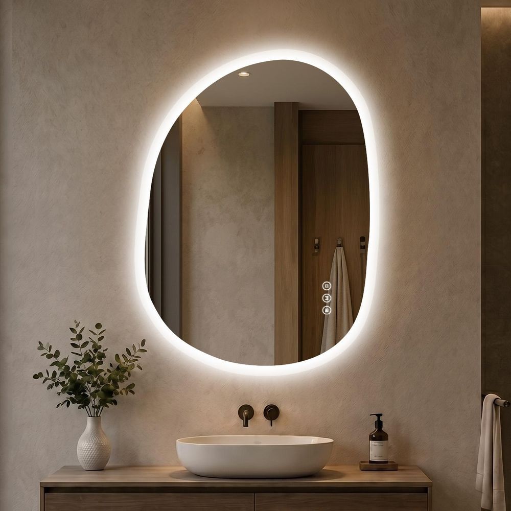 Miroir de salle de bain éclairé S'AFIELINA, 60x80 cm, miroir LED asymétrique, sans cadre, 3 couleurs de lumière, variateur d'intensité, anti-buée, fonction mémoire