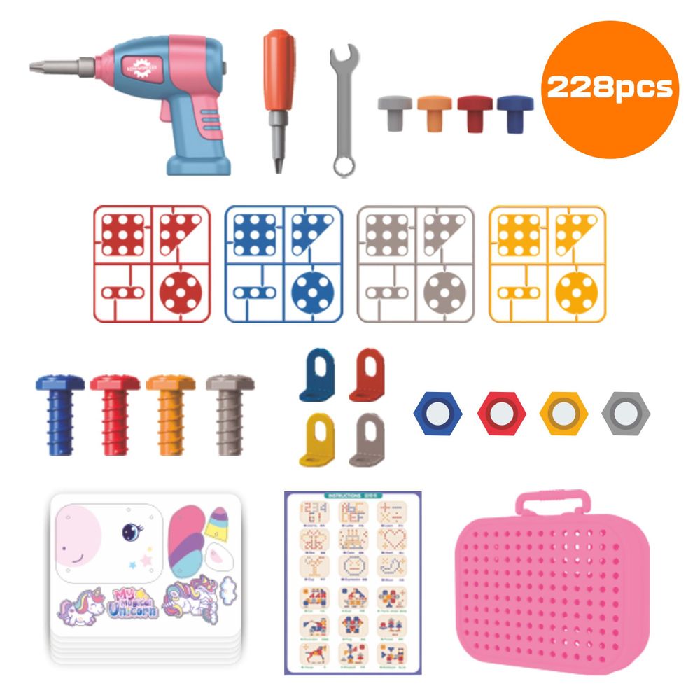 Einhorn Konstruktionsspielzeug 228 Teile, Montessori Werkzeugkasten mit Elektroschrauber, 3D Mosaik Steckspiel ab 3 Jahren, EVI TOYS Unicorn