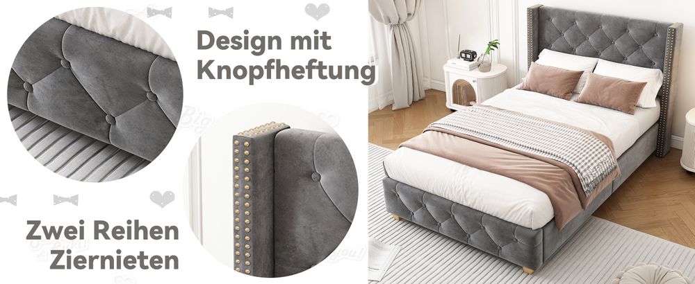 okwish Polsterbett 90×200 Einzelbett Jugendbett Kinderbett mit Lattenrost und Kopfteil, Knopfpolsterung,Nietenpolsterung aus Samt, Grau(ohne Matratze)