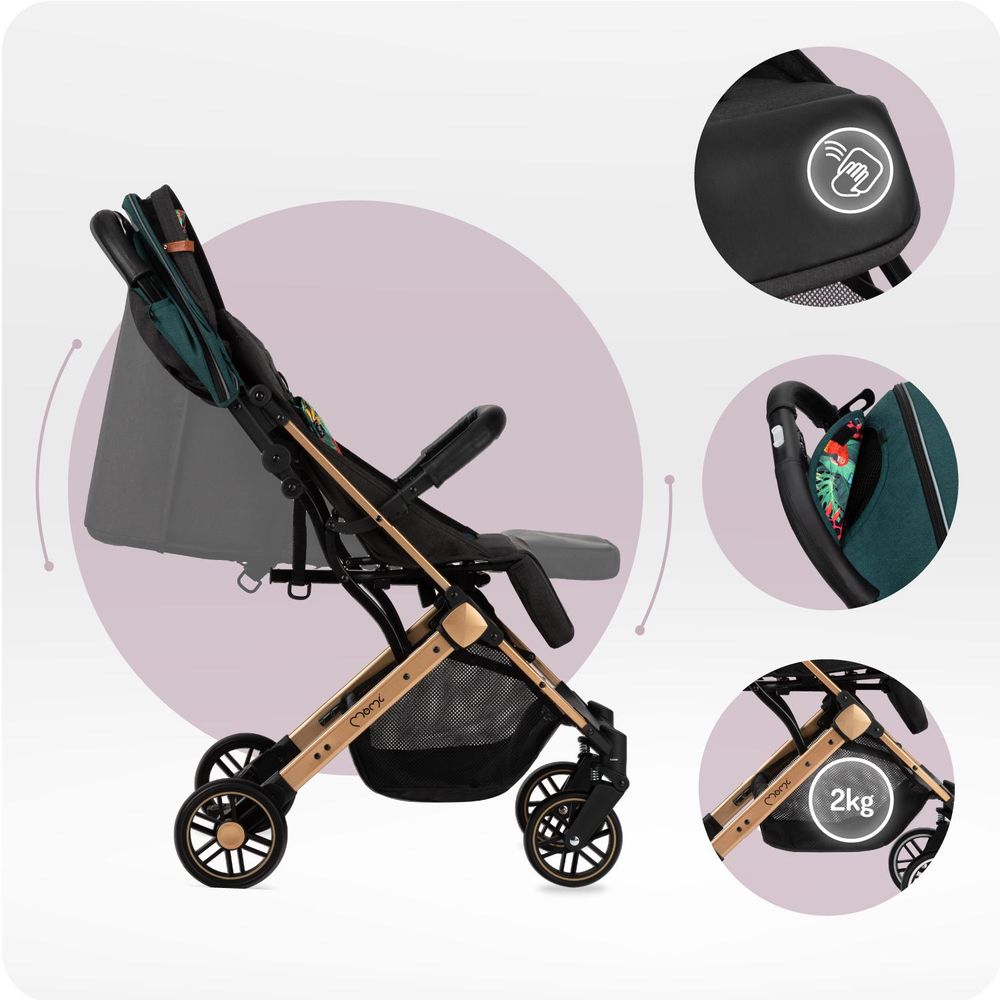 MoMi ESTELLE – Ultraleichter Baby Kompaktbuggy 7,7 kg mit Einhand-Faltung, Trolley-Funktion & Liegeposition, ideal für Reisen – Grün/Gold