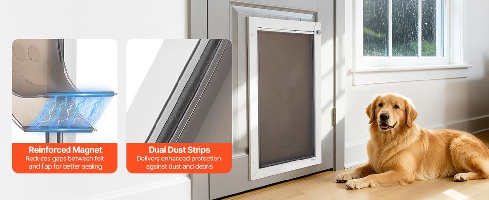 VEVOR Haustür, 21 cm x 30,3 cm Aluminiumrahmen mit Schloss und Klappsystem, wetterfeste Hundetür, einfach zu installieren in Innen- oder Außentüren, Haustür geeignet für Katzen und Hunde (Weiß-Klein), XL-a, 2 Paneele-b