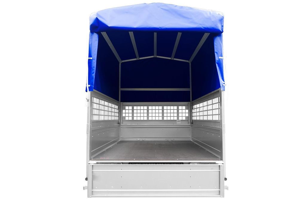 Garden Trailer 201 KIPP 200x125 tarpaulin trailer with mesh side extension, blue tarpaulin, high frame and jockey wheel