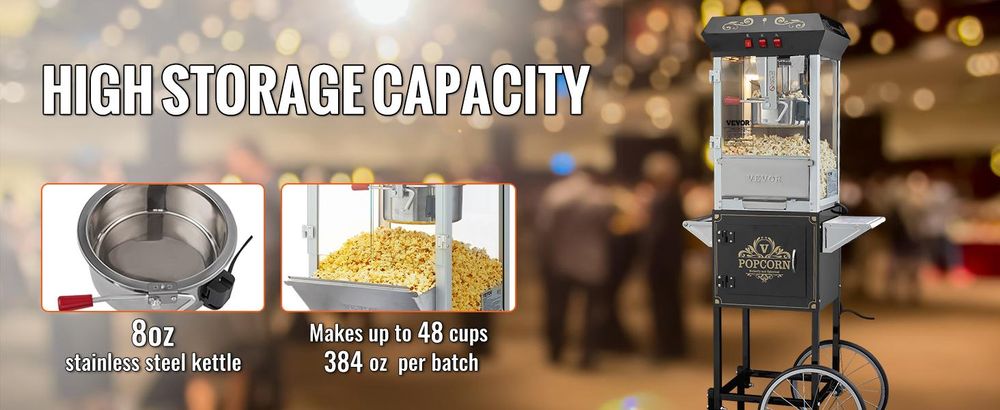 VEVOR Popcornmaschine Popcornautomat mit Wagen 850 W Popcorngerät, 8 oz Kessel für 48 Tassen pro Ladung, Popcornmaschine mit gehärtetem Glas inkl. 4 Schaufeln Kino-Stil Restaurant Schwarz