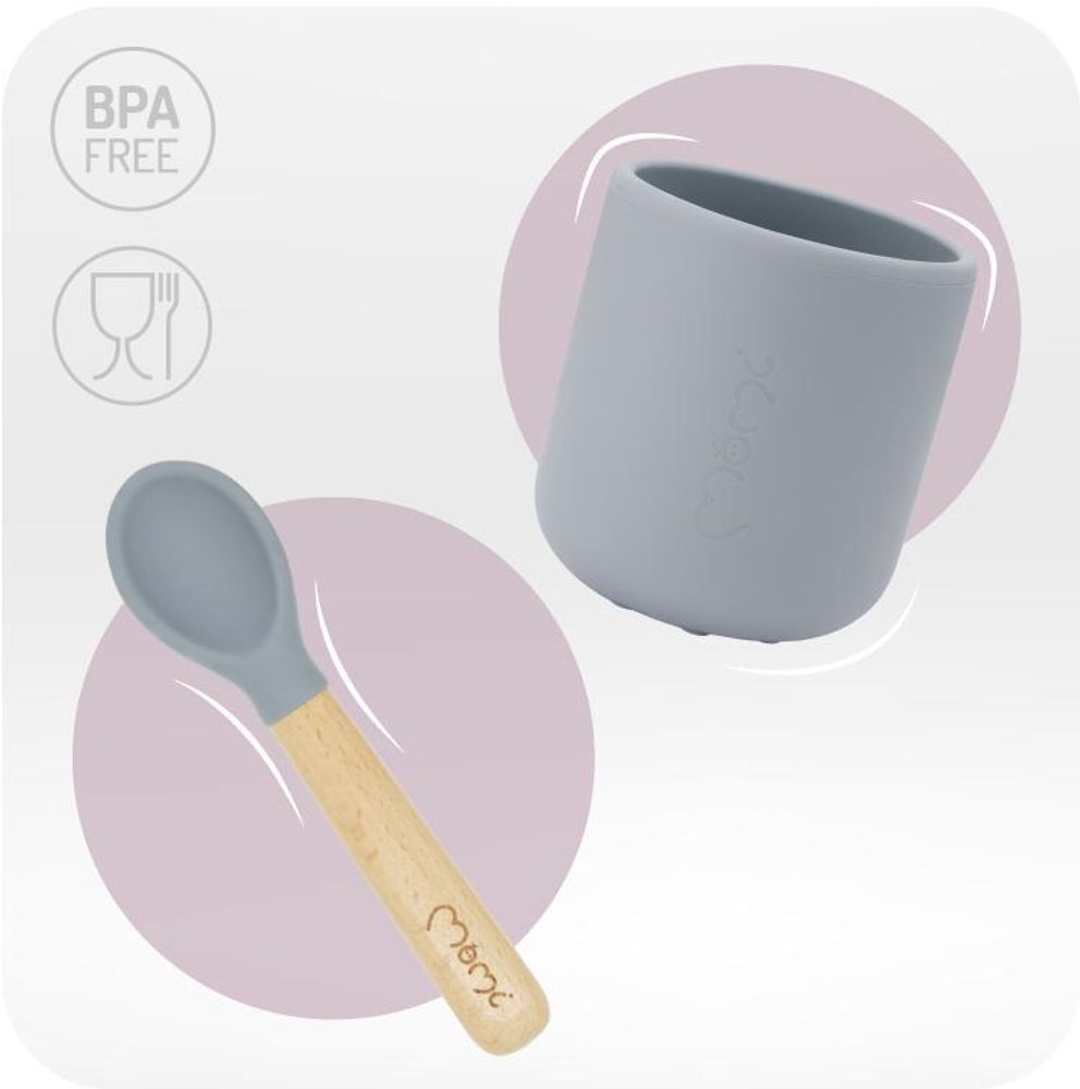 MoMi AMI - Kindergeschirr Set Silikon - Essensset für Kinder – Holz - BPA-frei - Grau