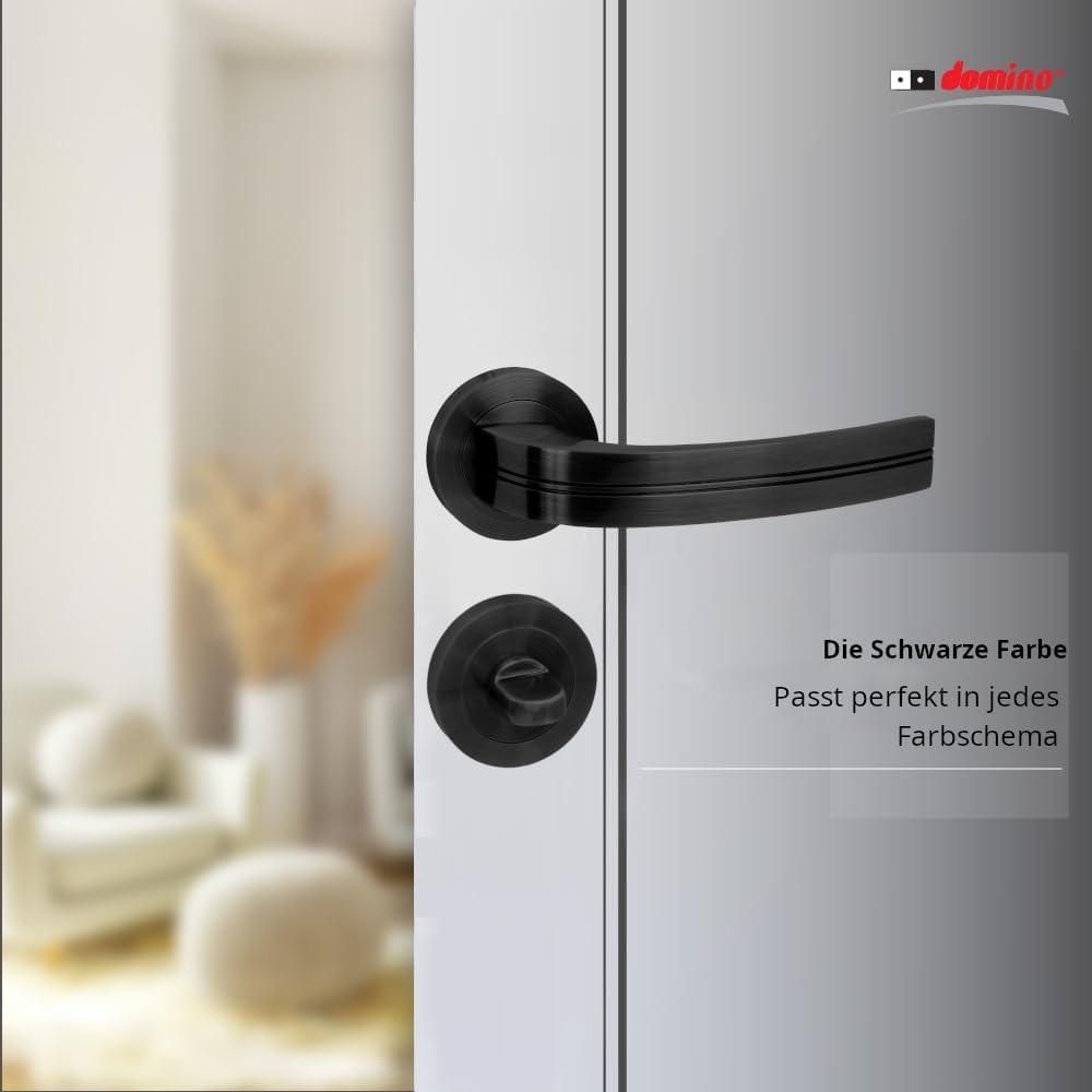 DOMINO Türgriff Drückergarnitur WC - Bad Set | Rund-Rosette | für Badezimmertüren | Set WC - Rosetten-Garnitur | Aluminium | Schwarz | DEKAN-R BLACK |