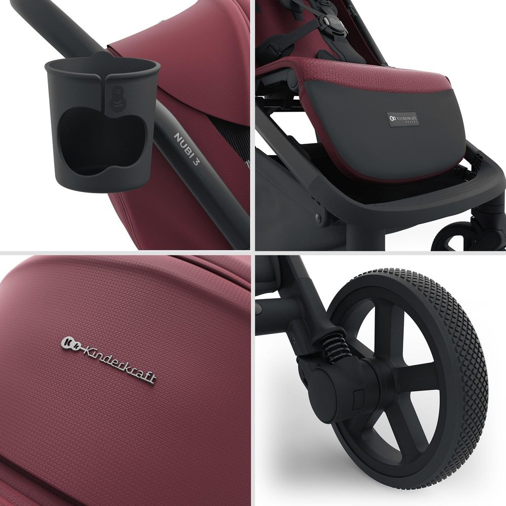 Kinderkraft NUBI 3 Buggy bis 22 kg – automatisch zusammenklappbar, große EVA-Räder, Mesh-Sitz, UPF50+ Verdeck - Burgund
