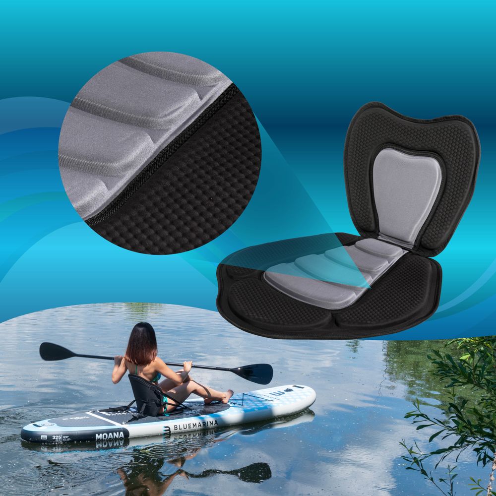 Bluemarina Kajaksitz | SUP Zubehör - Kajak Kanu Stand Up Paddle - inkl. Paddel - Surfboard Sitz - Polster - Rückenlehne - Für Modelle mit 4 D-Ringen
