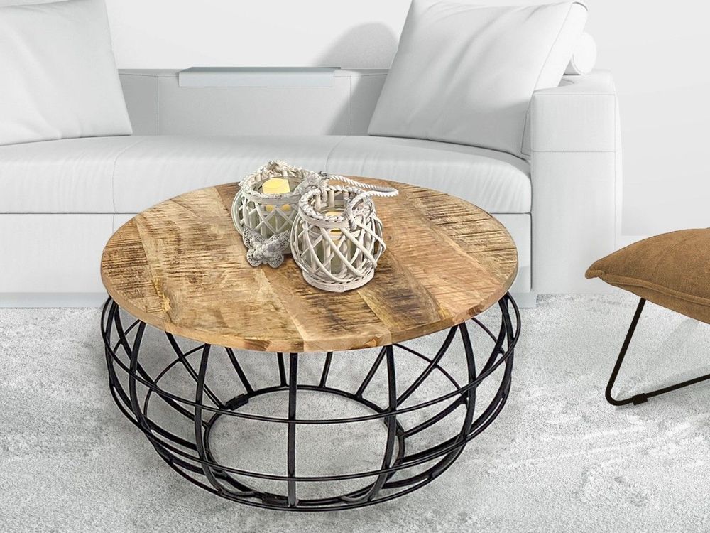 Couchtisch nachhaltig rund ø 75 cm Wohnzimmer-Tisch Massivholz London Metall Gitter Metall Gestell tabacco