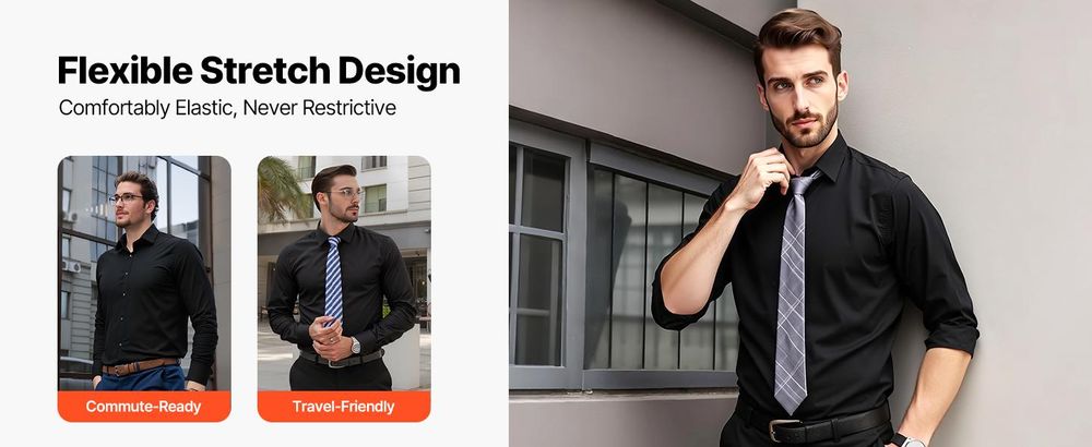 VEVOR Herrenhemd M, Langarmhemd, knitterfrei, Freizeithemden, Bügelfrei, Businesshemden, weicher Stretch-Stoff für Business, Freizeit oder formelle Anlässe, Arbeit, Hochzeit, Abendessen, Schwarz