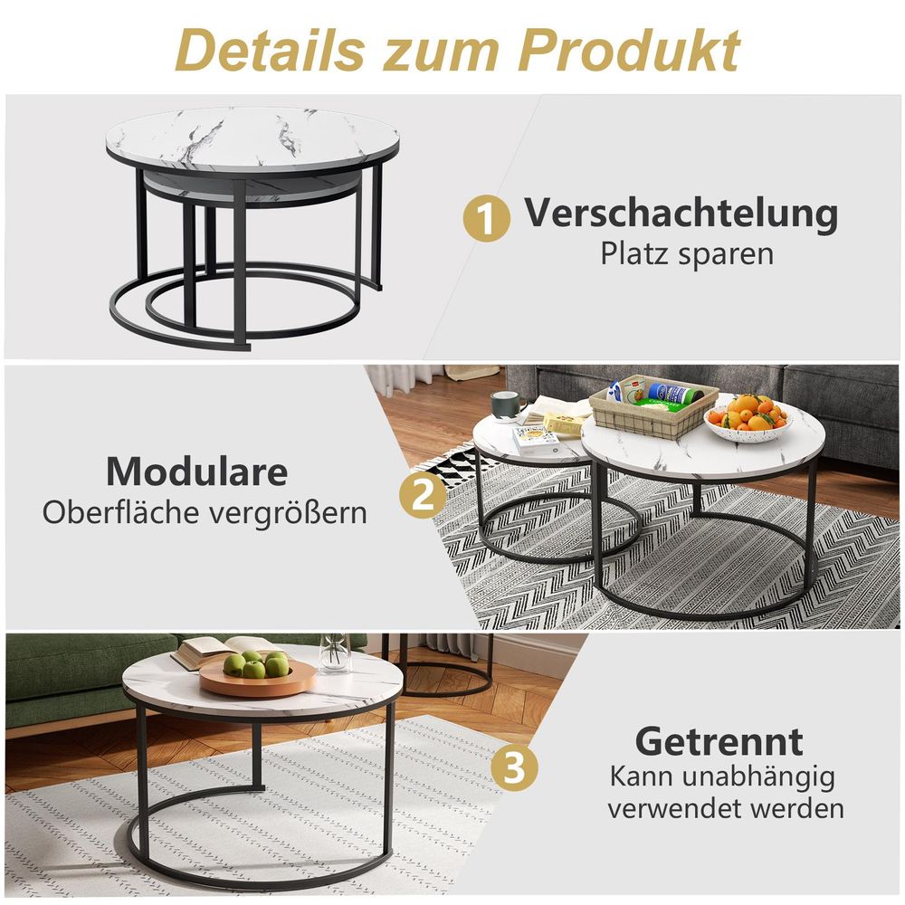 Couchtisch 2er Set mit Metallgestell Ø(80+60)cm Rund Kaffeetisch Wohnzimmertisch Kaffeetisch Sofatisch Beistelltisch Satztisch, Schwarz