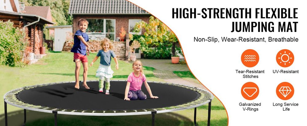 VEVOR Ersatz-Trampolinmatte, Sprungmatte passt auf 14ft Rahmen, Universelle Sprungmatte für 14ft Rundtrampolin, Verstärkte UV-beständige Matte mit Federwerkzeug & langlebigen V-Ringen, passend für 6,5"-7" Federlänge