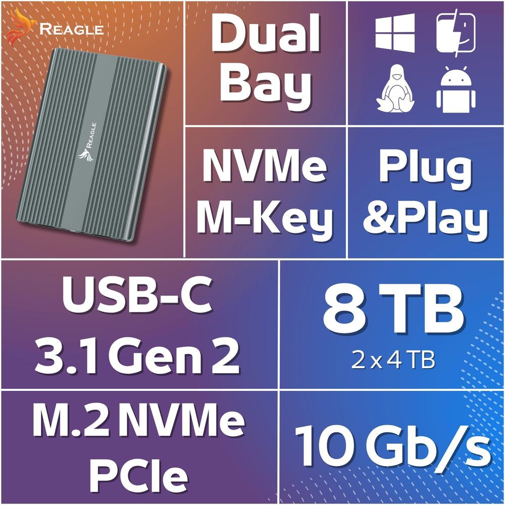 Reagle NVMe M.2 SSD Gehäuse Dual USB-C 3.2 10Gbps PCIe Adapter für 2x M2 SSD Aluminium Tool-Free kompatibel Windows Mac Linux