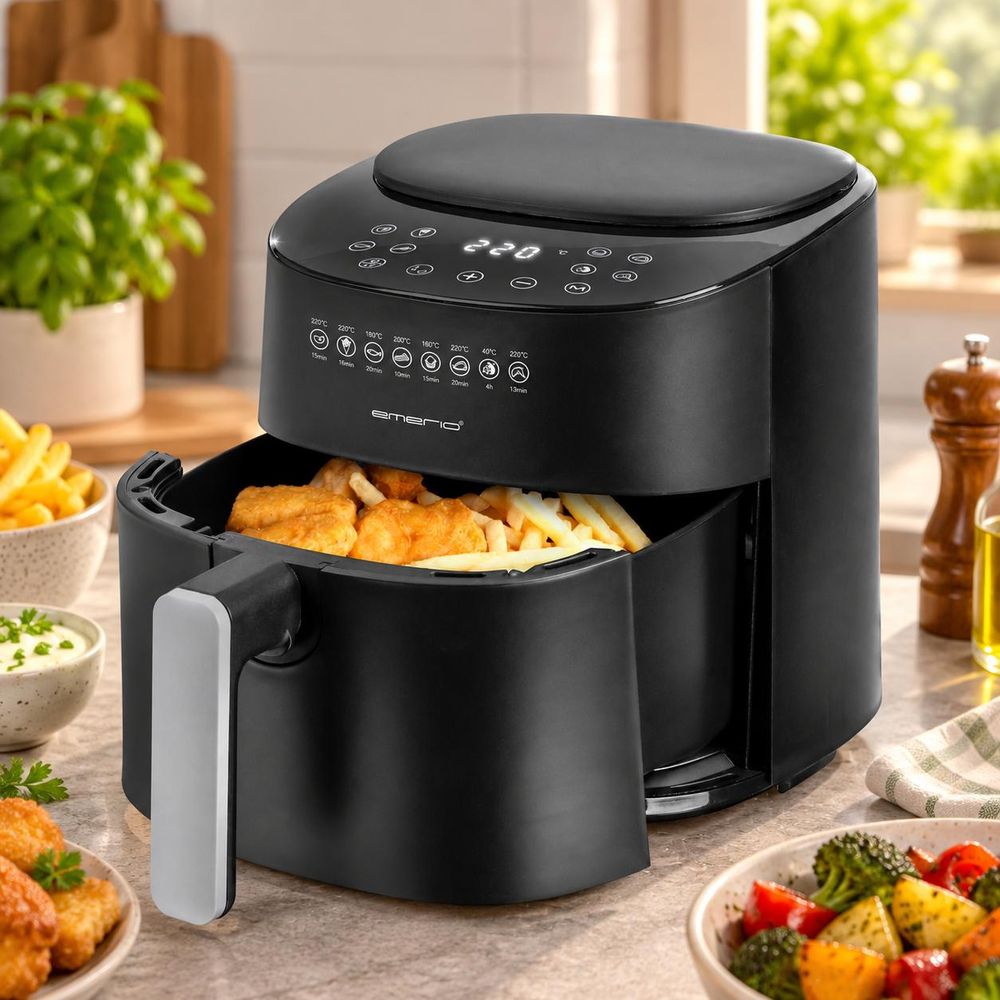 Schwarze Emerio Heißluftfritteuse mit Pommes und Snacks in einer gemütlichen Küche.