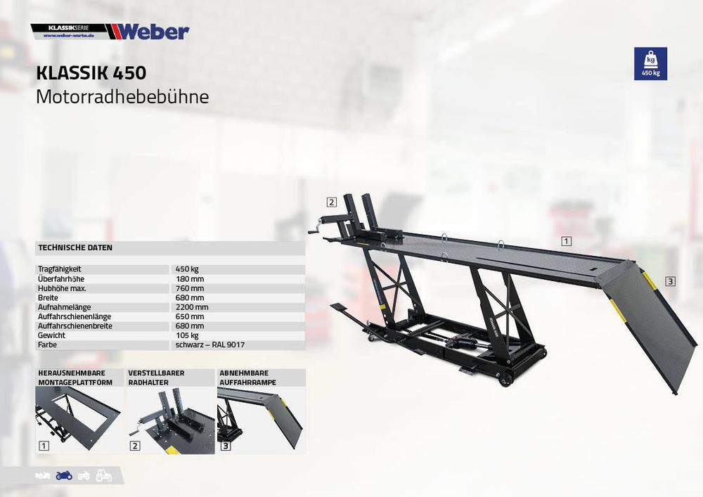 Weber Hebebühne Motorrad 2,20 Klassik Serie 450 schwarz bis 450kg hydraulisch Auffahrrampe abnehmbar wartungsarm Motorradhebebühne Montageständer