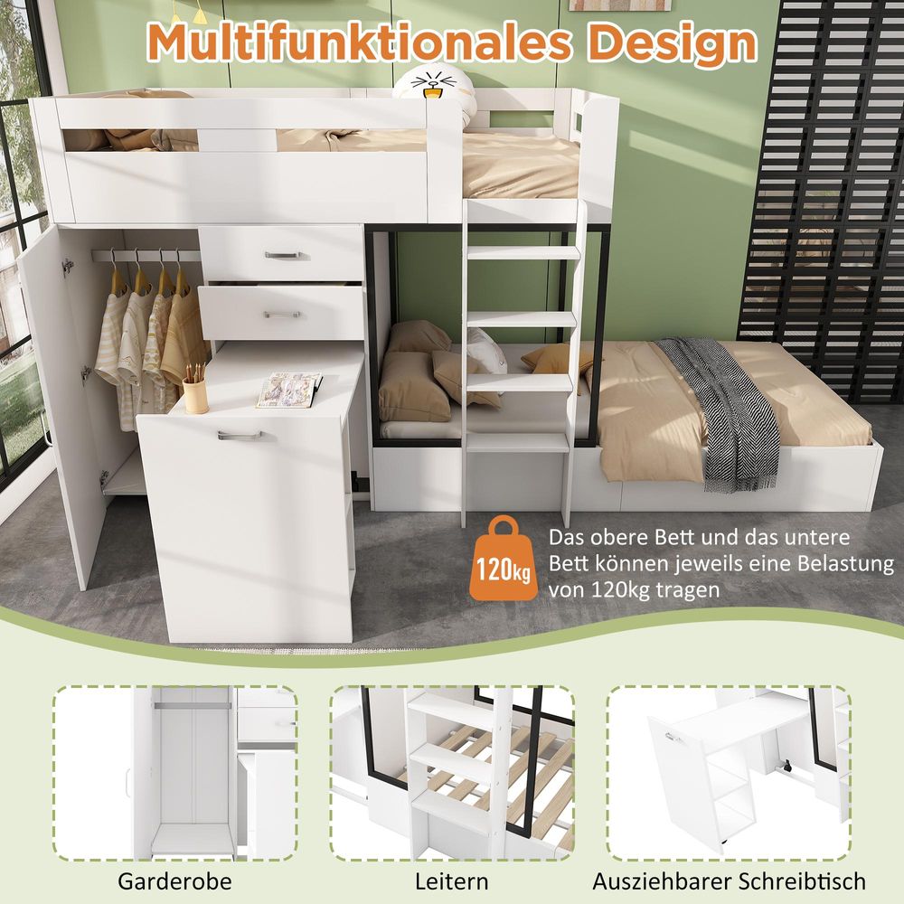 STILVORA Etagenbett 90x200 Jugendbett mit Ausziehbarer Schreibtisch und Garderobe, Massivholzbett mit Rausfallschutz,Schublade&Regale,Leitern,Weiß(ohne Matratze)
